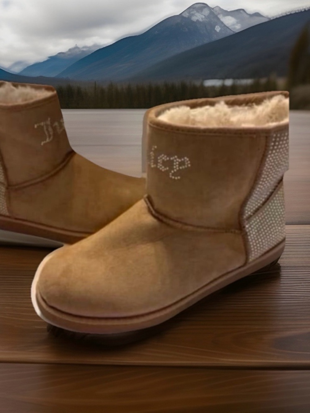 Juicy Couture Women's Tan Suede Faux-Fur Ankle Boots with Crystal Accent size 11